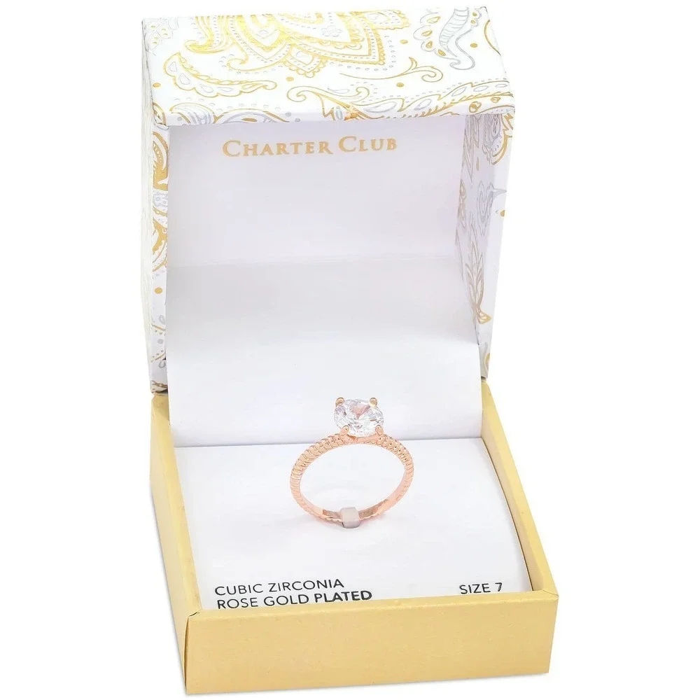 CHARTER CLUB Rose Gold-Tone Crystal Solitaire Textured Ring Engagement Size 6